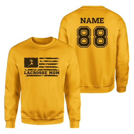 Lacrosse Mom Horizontal Flag With Lacrosse Player Name on a Sweatshirt with a Black Graphic