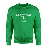 Lacrosse Mom with Lacrosse Player Icon and Lacrosse Player Name on a Sweatshirt with a White Graphic