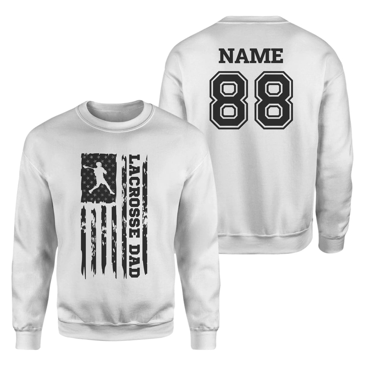 Lacrosse Dad Vertical Flag With Lacrosse Player Name on a Sweatshirt with a Black Graphic