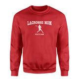 Lacrosse Mom with Lacrosse Player Icon and Lacrosse Player Name on a Sweatshirt with a White Graphic