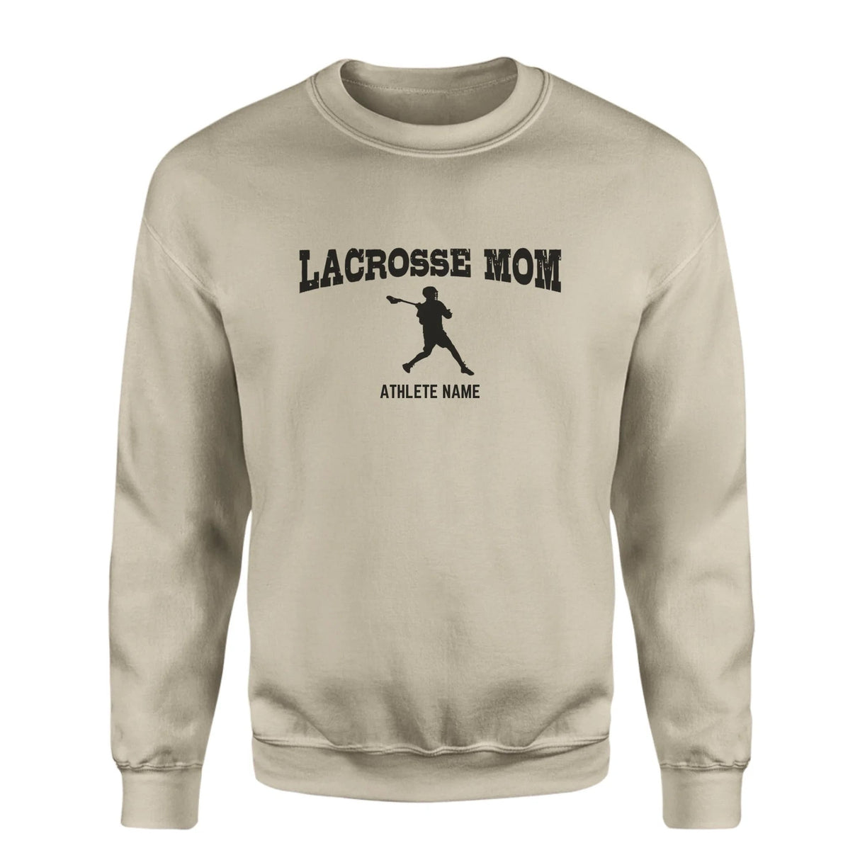 Lacrosse Mom with Lacrosse Player Icon and Lacrosse Player Name on a Sweatshirt with a Black Graphic