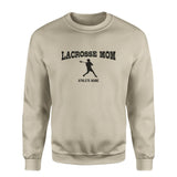 Lacrosse Mom with Lacrosse Player Icon and Lacrosse Player Name on a Sweatshirt with a Black Graphic