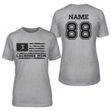Lacrosse Mom Horizontal Flag With Lacrosse Player Name on a Unisex T-Shirt with a Black Graphic