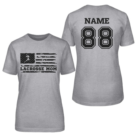 Lacrosse Mom Horizontal Flag With Lacrosse Player Name on a Unisex T-Shirt with a Black Graphic