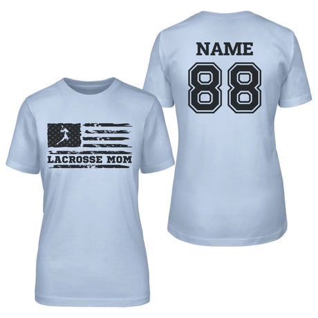 Lacrosse Mom Horizontal Flag With Lacrosse Player Name on a Unisex T-Shirt with a Black Graphic