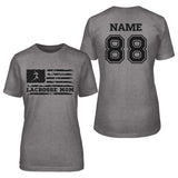 Lacrosse Mom Horizontal Flag With Lacrosse Player Name on a Unisex T-Shirt with a Black Graphic