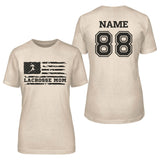 Lacrosse Mom Horizontal Flag With Lacrosse Player Name on a Unisex T-Shirt with a Black Graphic