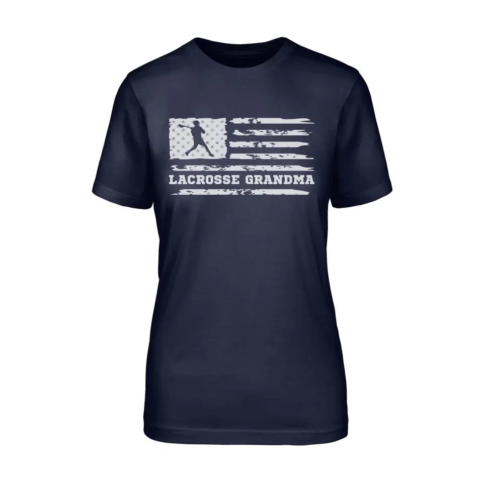 Lacrosse Grandma Horizontal Flag on a Unisex T-Shirt with a White Graphic