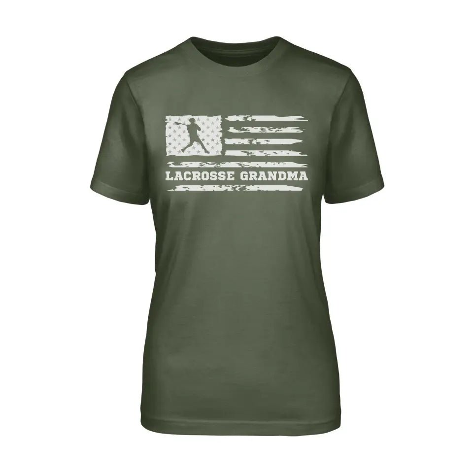 Lacrosse Grandma Horizontal Flag on a Unisex T-Shirt with a White Graphic