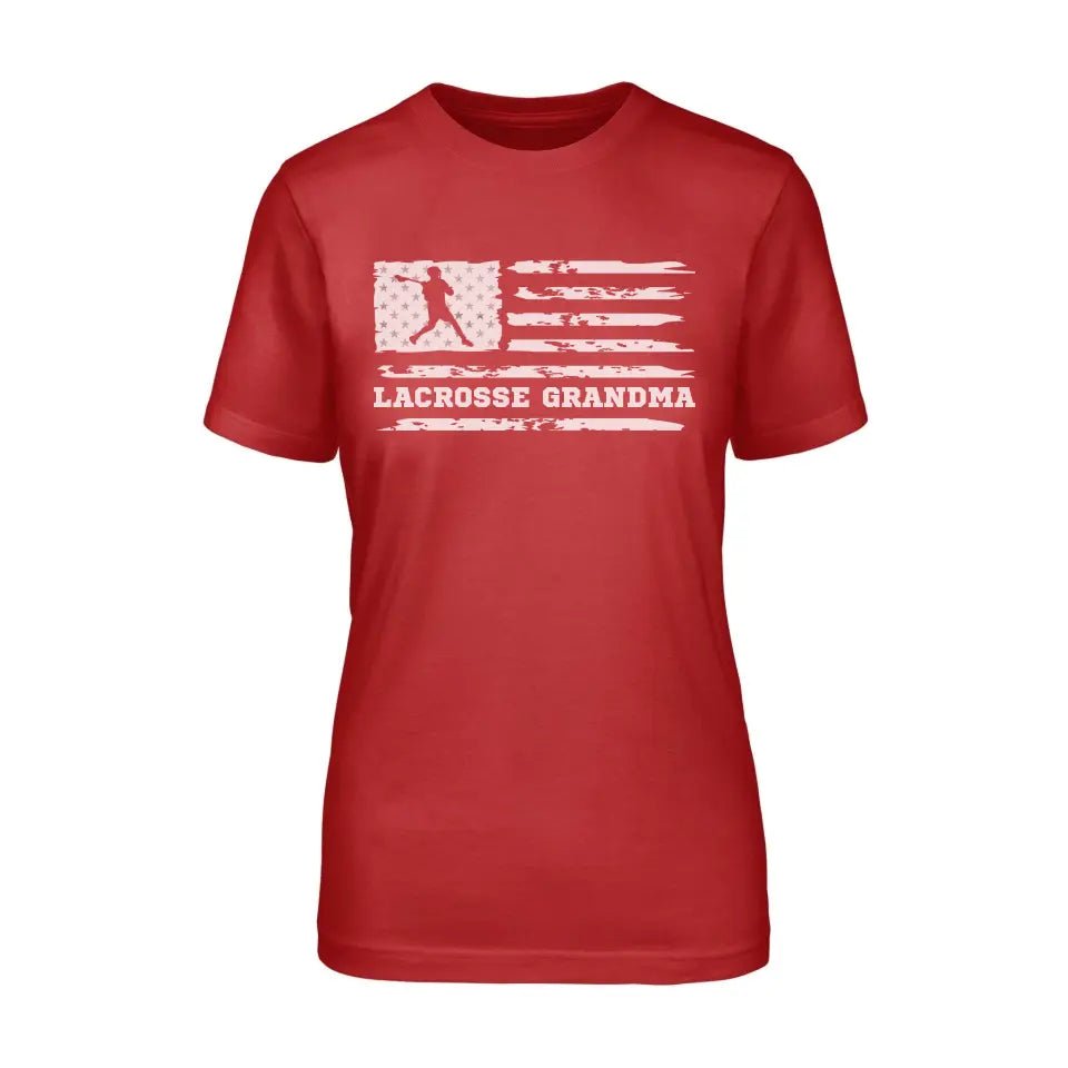 Lacrosse Grandma Horizontal Flag on a Unisex T-Shirt with a White Graphic