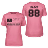 Lacrosse Mom Horizontal Flag With Lacrosse Player Name on a Unisex T-Shirt with a Black Graphic