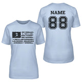 Lacrosse Grandma Horizontal Flag With Lacrosse Player Name on a Unisex T-Shirt with a Black Graphic