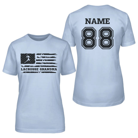 Lacrosse Grandma Horizontal Flag With Lacrosse Player Name on a Unisex T-Shirt with a Black Graphic