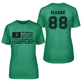 Lacrosse Mom Horizontal Flag With Lacrosse Player Name on a Unisex T-Shirt with a Black Graphic