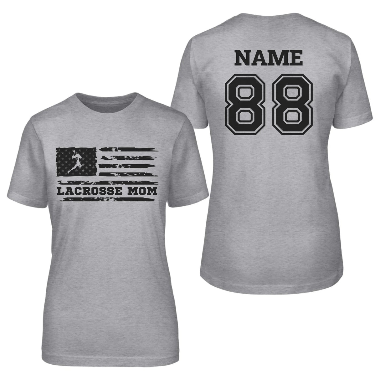 Lacrosse Mom Horizontal Flag With Lacrosse Player Name on a Unisex T-Shirt with a Black Graphic