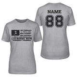 Lacrosse Mom Horizontal Flag With Lacrosse Player Name on a Unisex T-Shirt with a Black Graphic