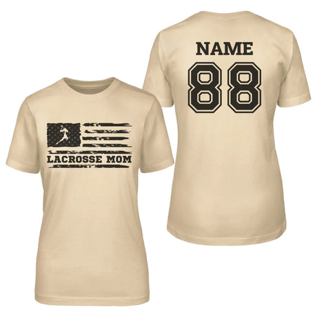 Lacrosse Mom Horizontal Flag With Lacrosse Player Name on a Unisex T-Shirt with a Black Graphic