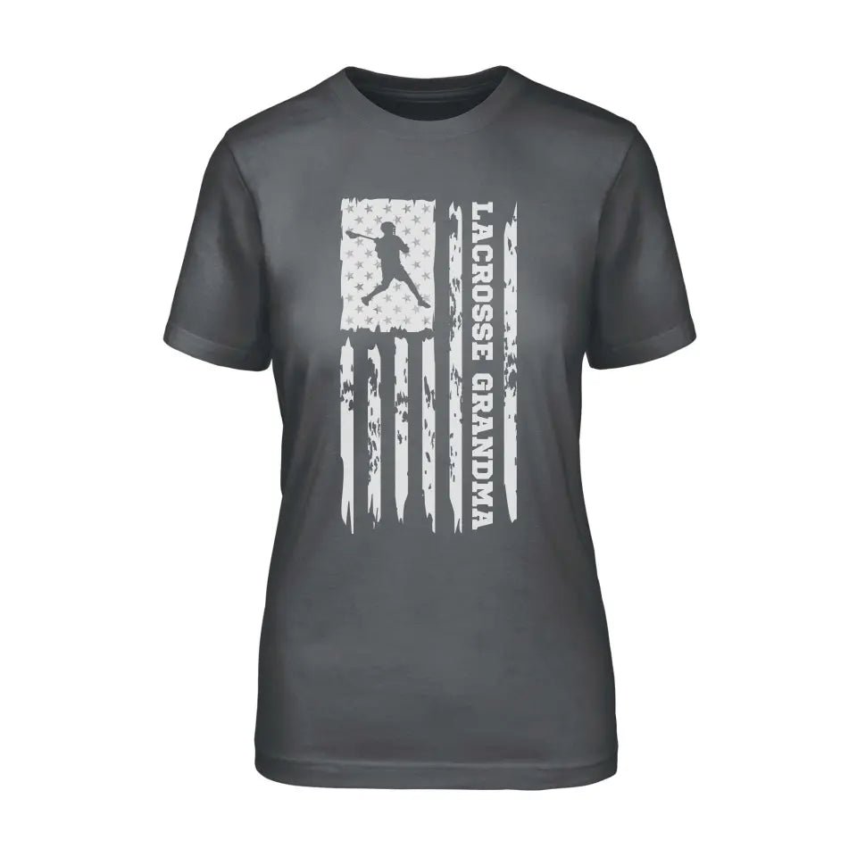 Lacrosse Grandma Vertical Flag on a Unisex T-Shirt with a White Graphic