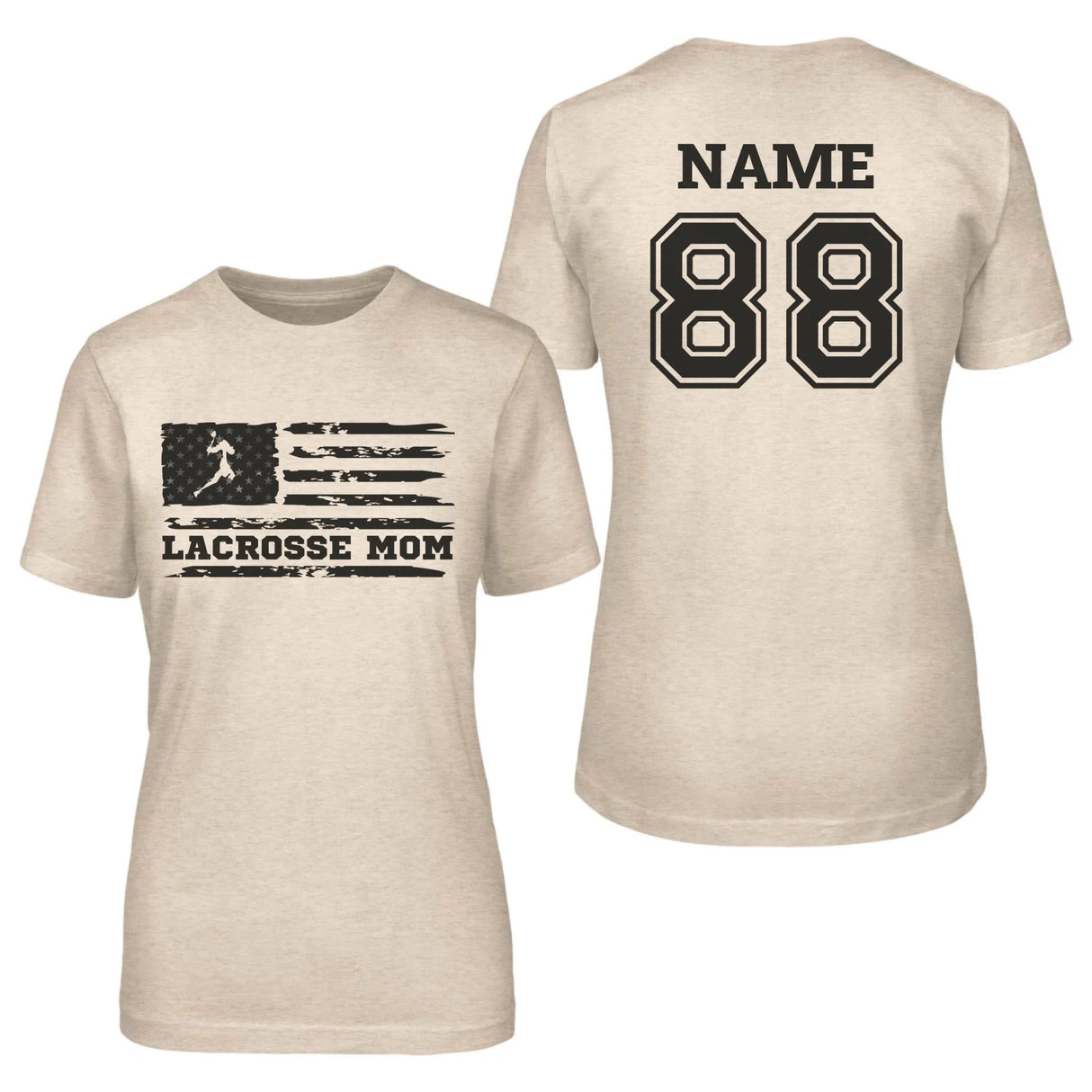 Lacrosse Mom Horizontal Flag With Lacrosse Player Name on a Unisex T-Shirt with a Black Graphic