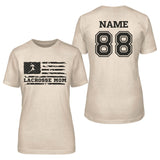 Lacrosse Mom Horizontal Flag With Lacrosse Player Name on a Unisex T-Shirt with a Black Graphic