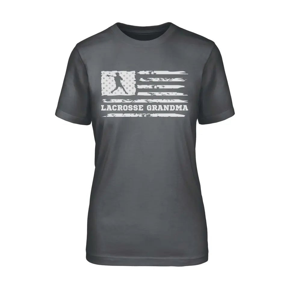 Lacrosse Grandma Horizontal Flag on a Unisex T-Shirt with a White Graphic