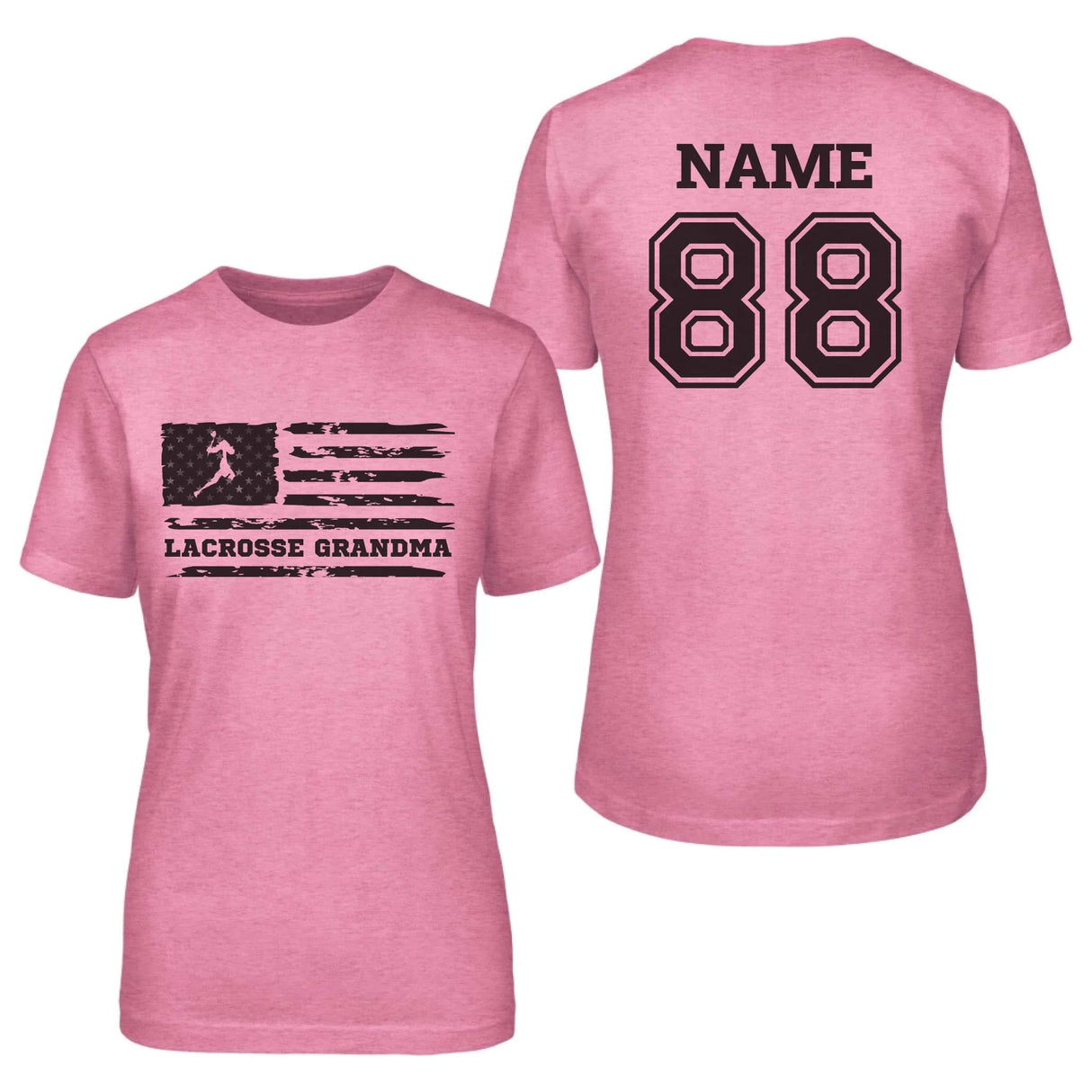 Lacrosse Grandma Horizontal Flag With Lacrosse Player Name on a Unisex T-Shirt with a Black Graphic