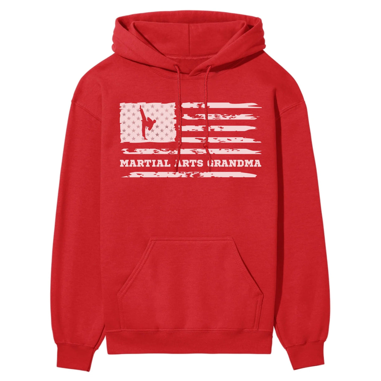 Martial Arts Grandma Horizontal Flag on a Hoodie with a White Graphic