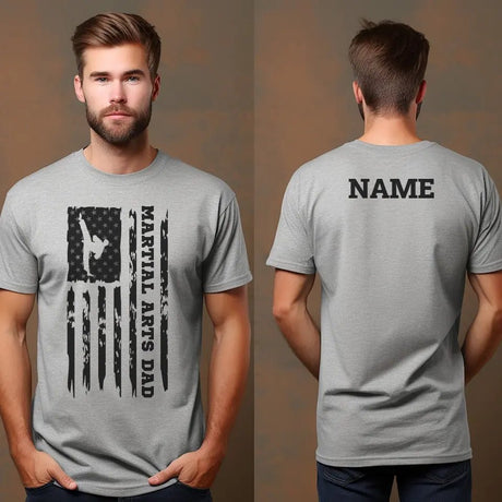 Martial Arts Dad Vertical Flag With Martial Artist Name on a Men's T-Shirt with a Black Graphic