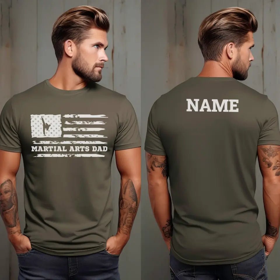 Martial Arts Dad Horizontal Flag With Martial Artist Name on a Men's T-Shirt with a White Graphic