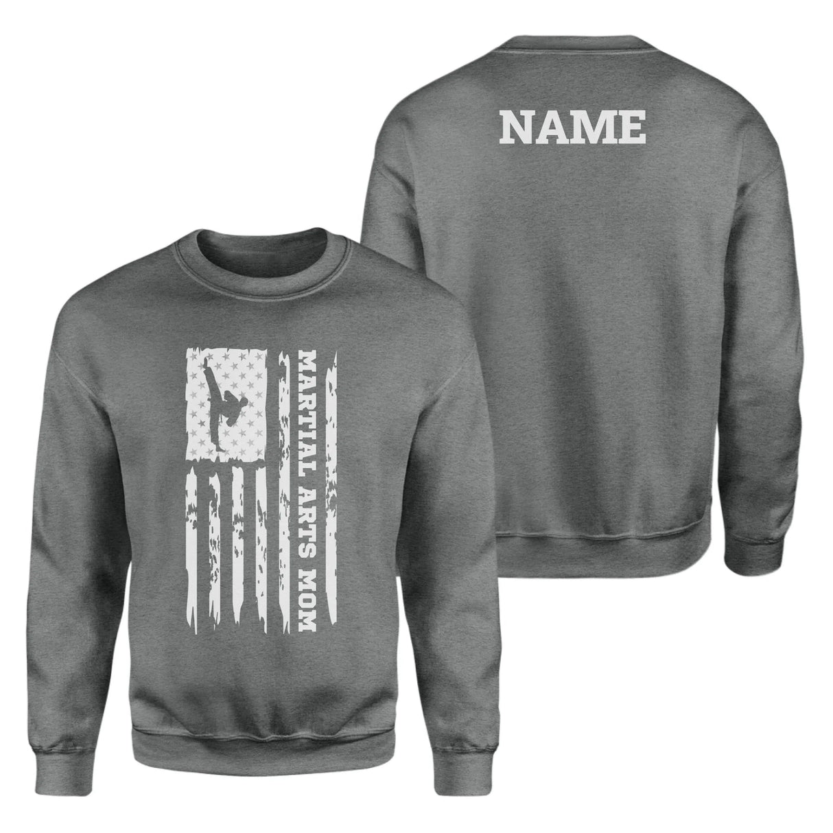 Martial Arts Mom Vertical Flag With Martial Artist Name on a Sweatshirt with a White Graphic