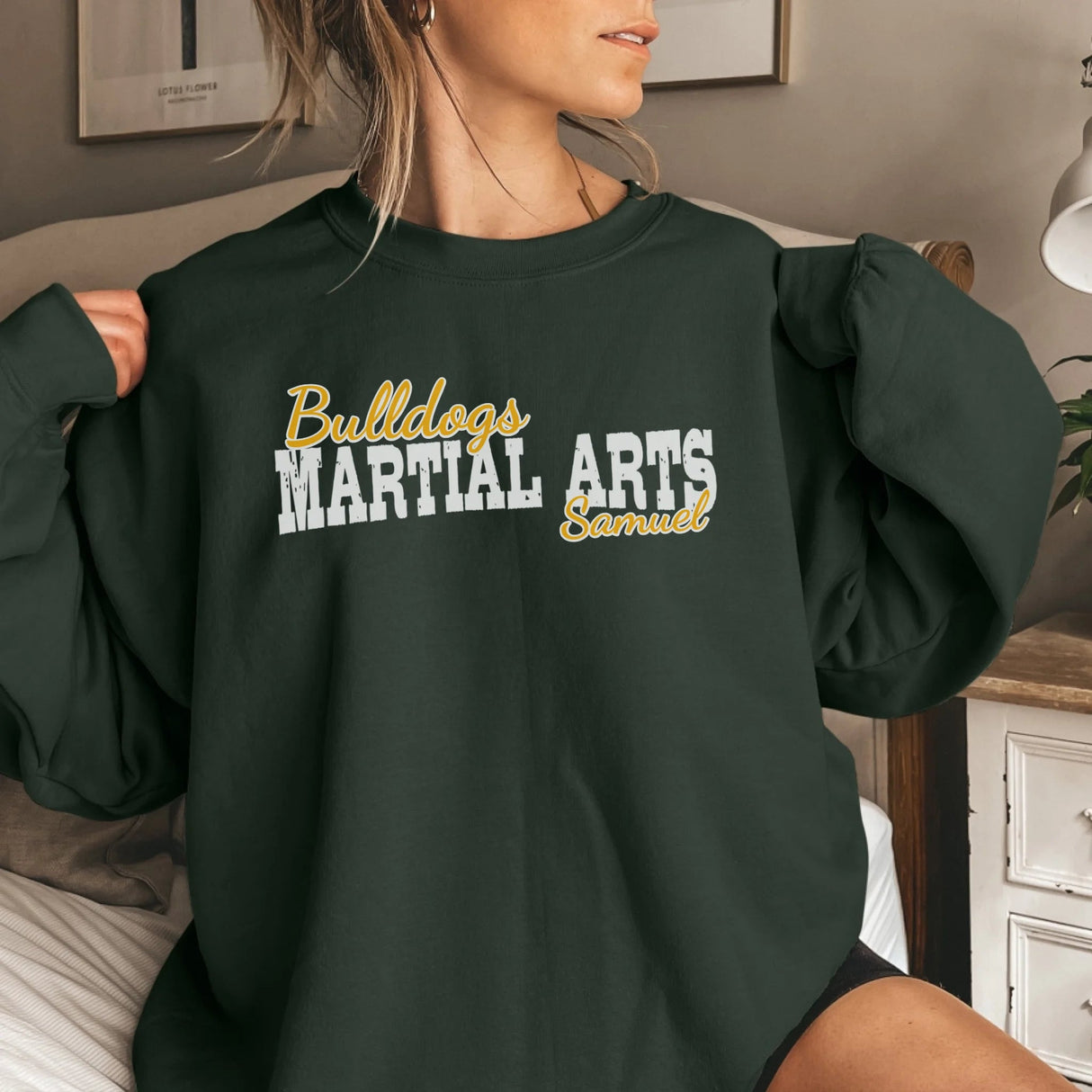 Custom Martial Arts Mascot and Martial Artist Name on a Sweatshirt with a White Graphic