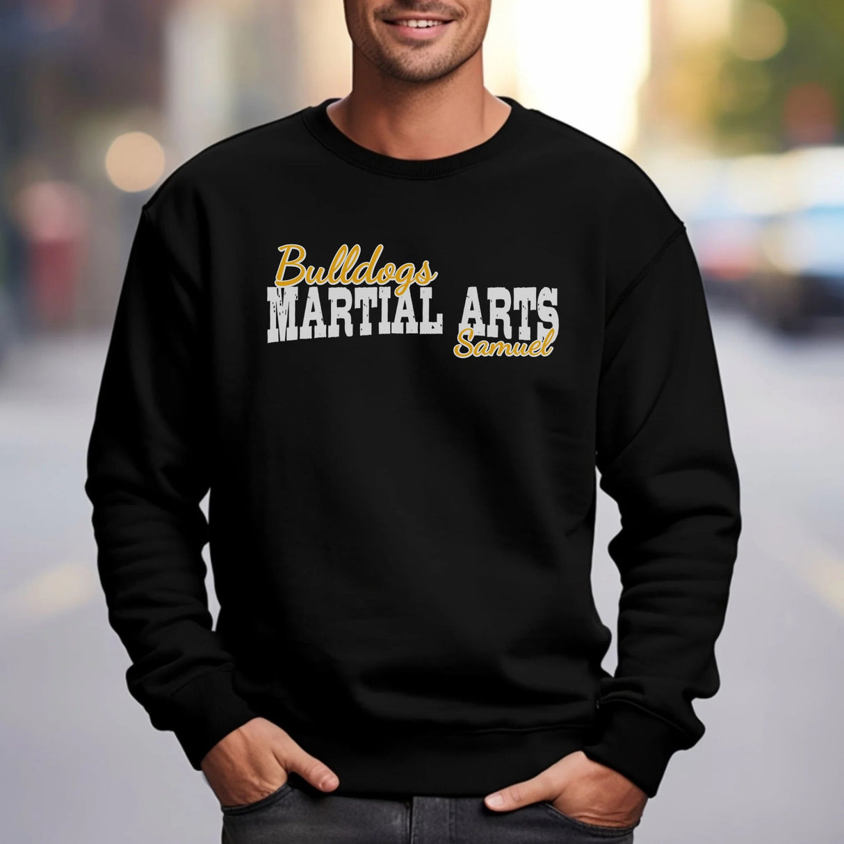 Custom Martial Arts Mascot and Martial Artist Name on a Sweatshirt with a White Graphic