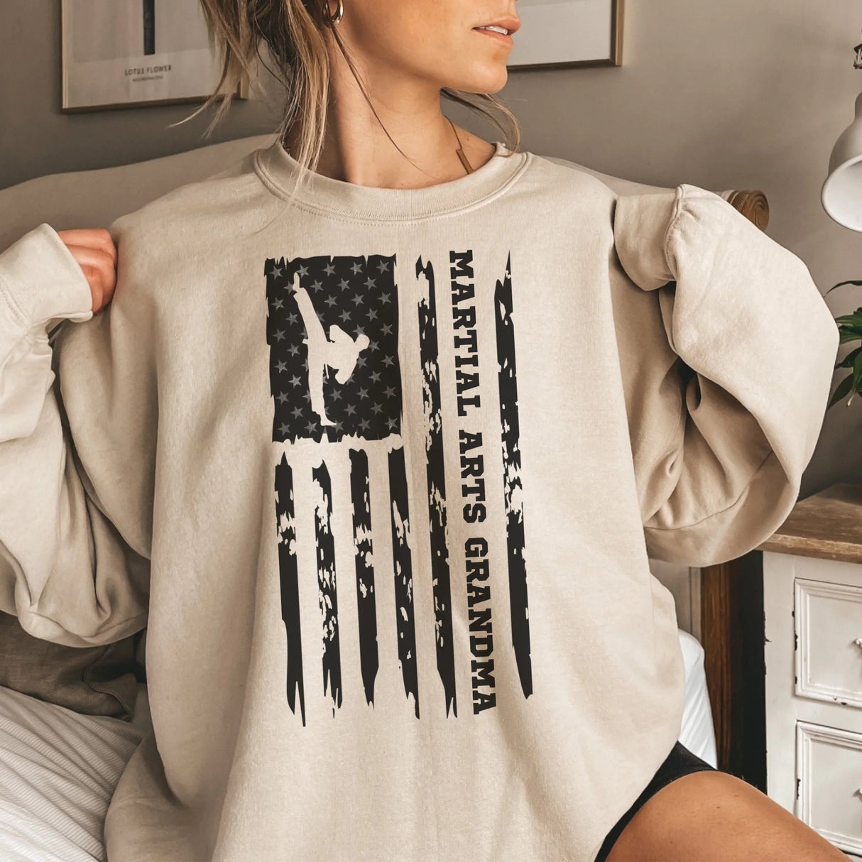 Martial Arts Grandma Vertical Flag on a Sweatshirt with a Black Graphic
