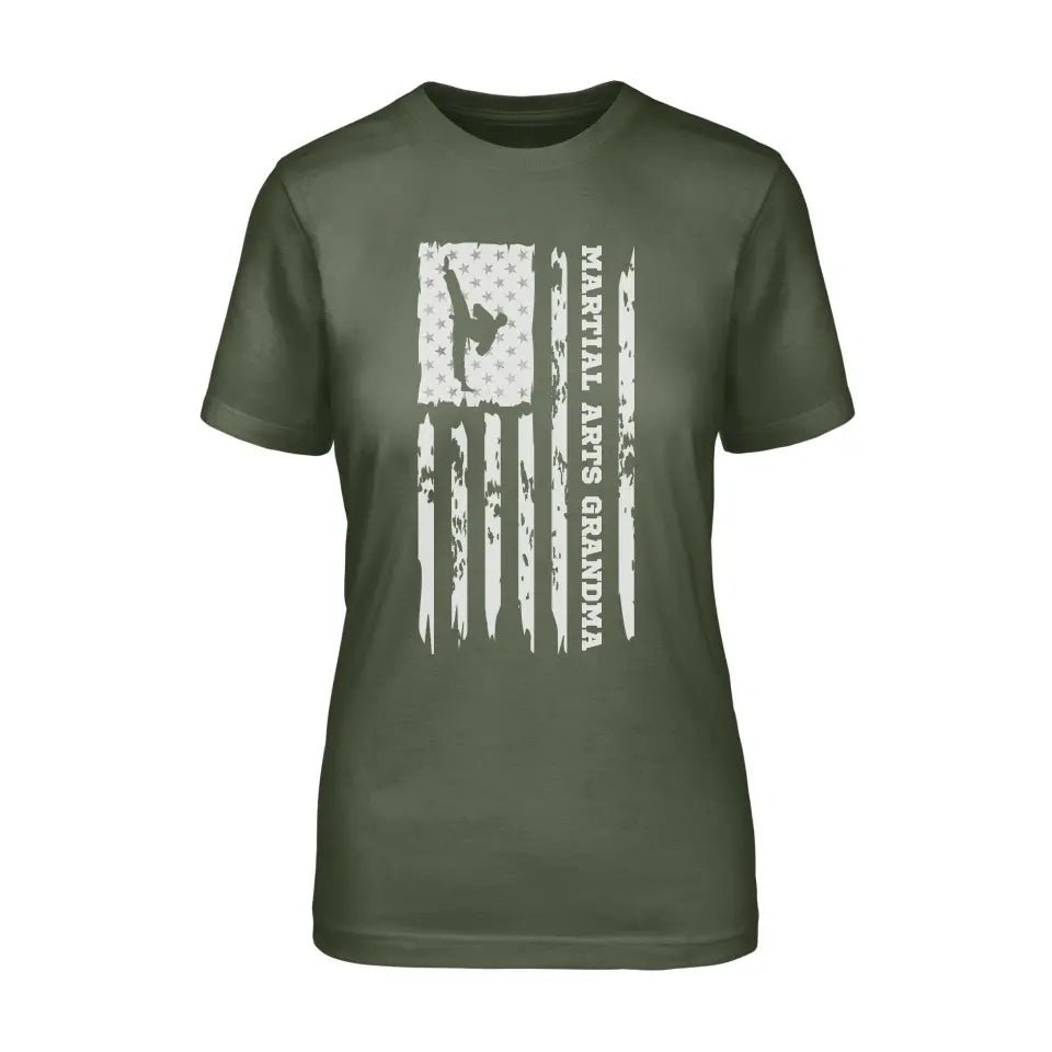 Martial Arts Grandma Vertical Flag on a Unisex T-Shirt with a White Graphic