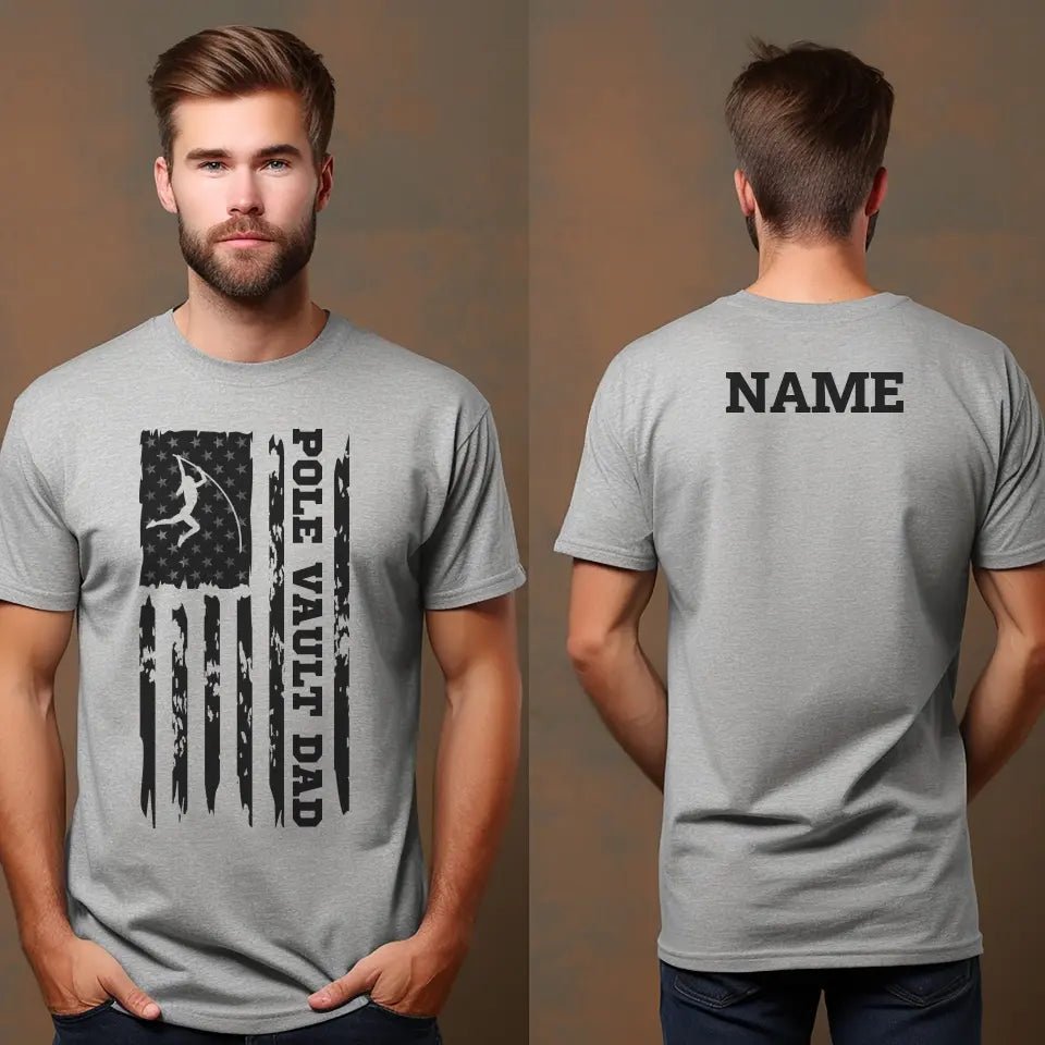 Pole Vault Dad Vertical Flag With Pole Vaulter Name on a Men's T-Shirt with a Black Graphic