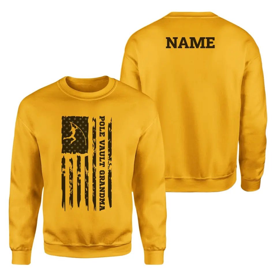 Pole Vault Grandma Vertical Flag With Pole Vaulter Name on a Sweatshirt with a Black Graphic