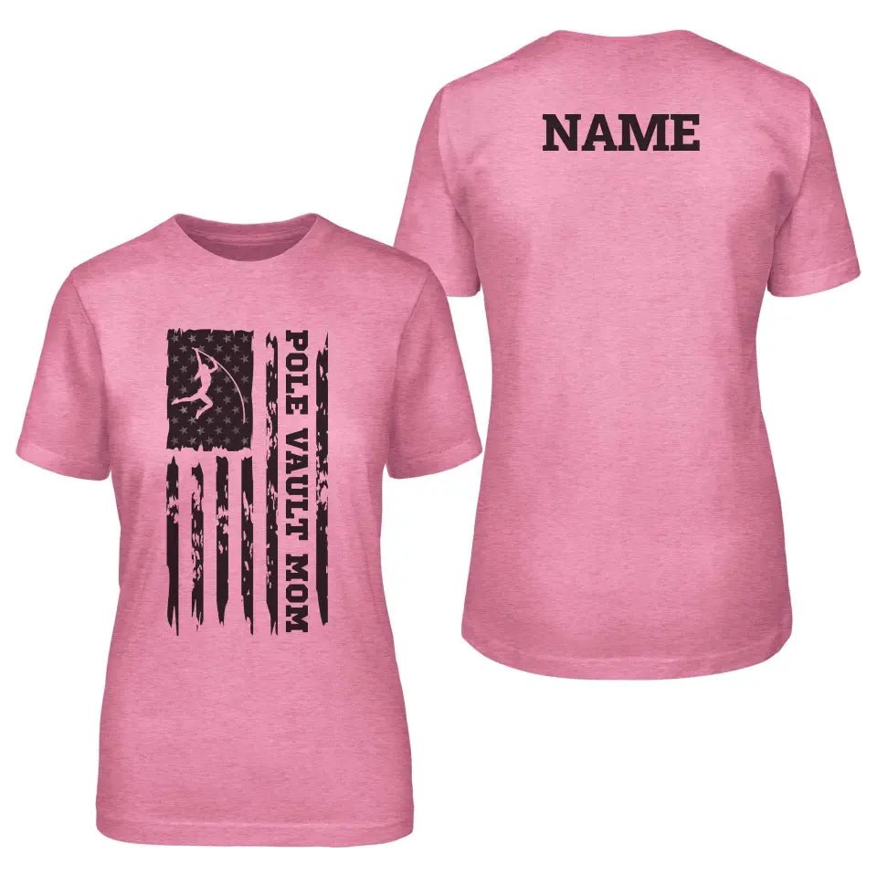 Pole Vault Mom Vertical Flag With Pole Vaulter Name on a Unisex T-Shirt with a Black Graphic