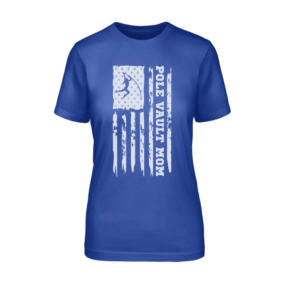 Pole Vault Mom Vertical Flag on a Unisex T-Shirt with a White Graphic