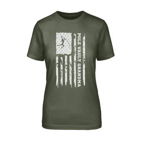 Pole Vault Grandma Vertical Flag on a Unisex T-Shirt with a White Graphic