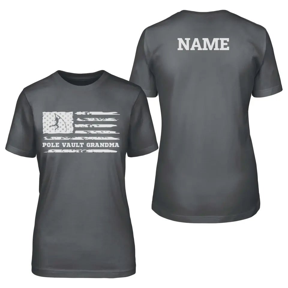 Pole Vault Grandma Horizontal Flag With Pole Vaulter Name on a Unisex T-Shirt with a White Graphic