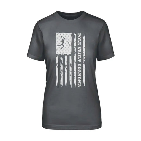 Pole Vault Grandma Vertical Flag on a Unisex T-Shirt with a White Graphic