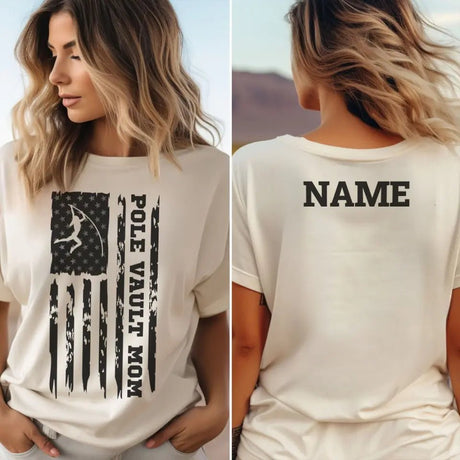 Pole Vault Mom Vertical Flag With Pole Vaulter Name on a Unisex T-Shirt with a Black Graphic