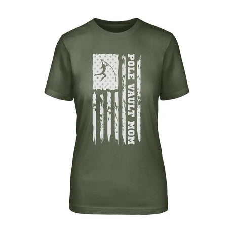 Pole Vault Mom Vertical Flag on a Unisex T-Shirt with a White Graphic