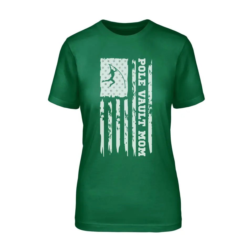 Pole Vault Mom Vertical Flag on a Unisex T-Shirt with a White Graphic