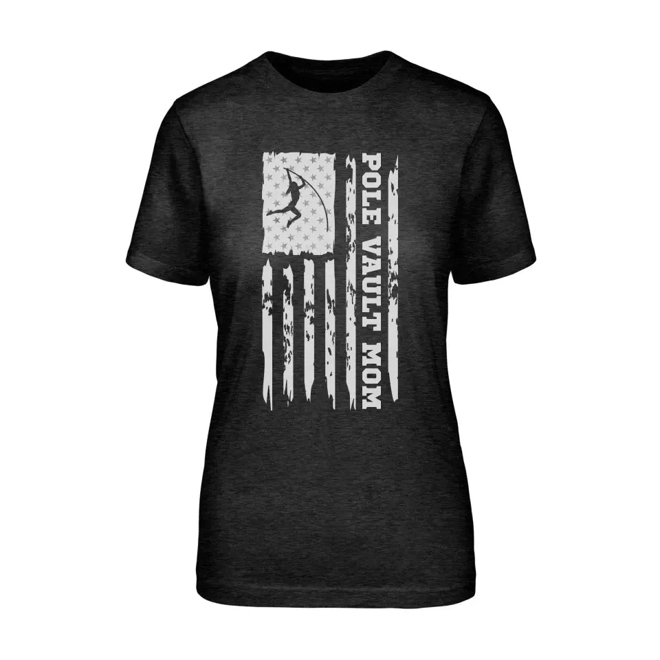 Pole Vault Mom Vertical Flag on a Unisex T-Shirt with a White Graphic