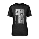 Pole Vault Mom Vertical Flag on a Unisex T-Shirt with a White Graphic