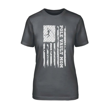 Pole Vault Mom Vertical Flag on a Unisex T-Shirt with a White Graphic