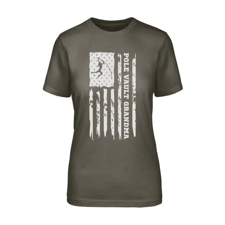 Pole Vault Grandma Vertical Flag on a Unisex T-Shirt with a White Graphic