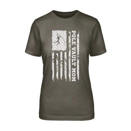 Pole Vault Mom Vertical Flag on a Unisex T-Shirt with a White Graphic