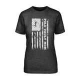 Pole Vault Mom Vertical Flag on a Unisex T-Shirt with a White Graphic